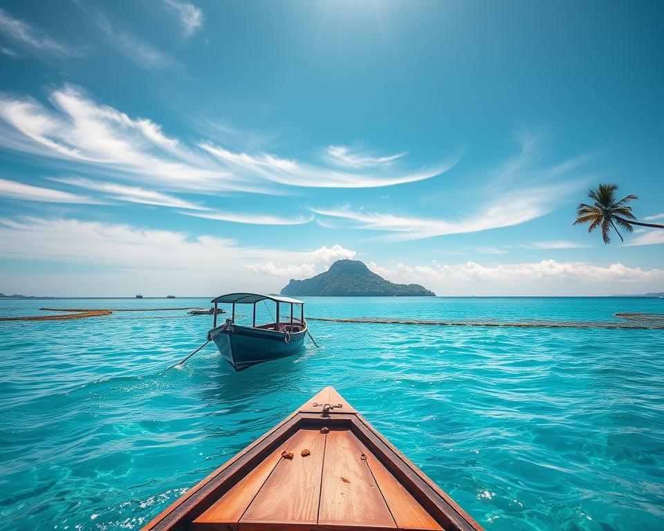 A serene scene depicting the journey to Menjangan Island in Bali, focusing on a vibrant blue sea leading into lush greenery of Bali Barat Nationalpark. In the foreground, a small traditional wooden boat with a canopy glides through the crystal-clear waters, its reflection shimmering on the surface. In the middle ground, the island silhouette is framed by tall palm trees, while colorful coral reefs can be faintly seen beneath the water. The background features a turquoise sky with wisps of white clouds, hinting at a sunny day. The lighting is warm and inviting, suggesting a late morning atmosphere, as soft sunlight bathes the scene. Use a wide-angle lens perspective to capture the expansive beauty and tranquil feeling of this idyllic travel destination.
