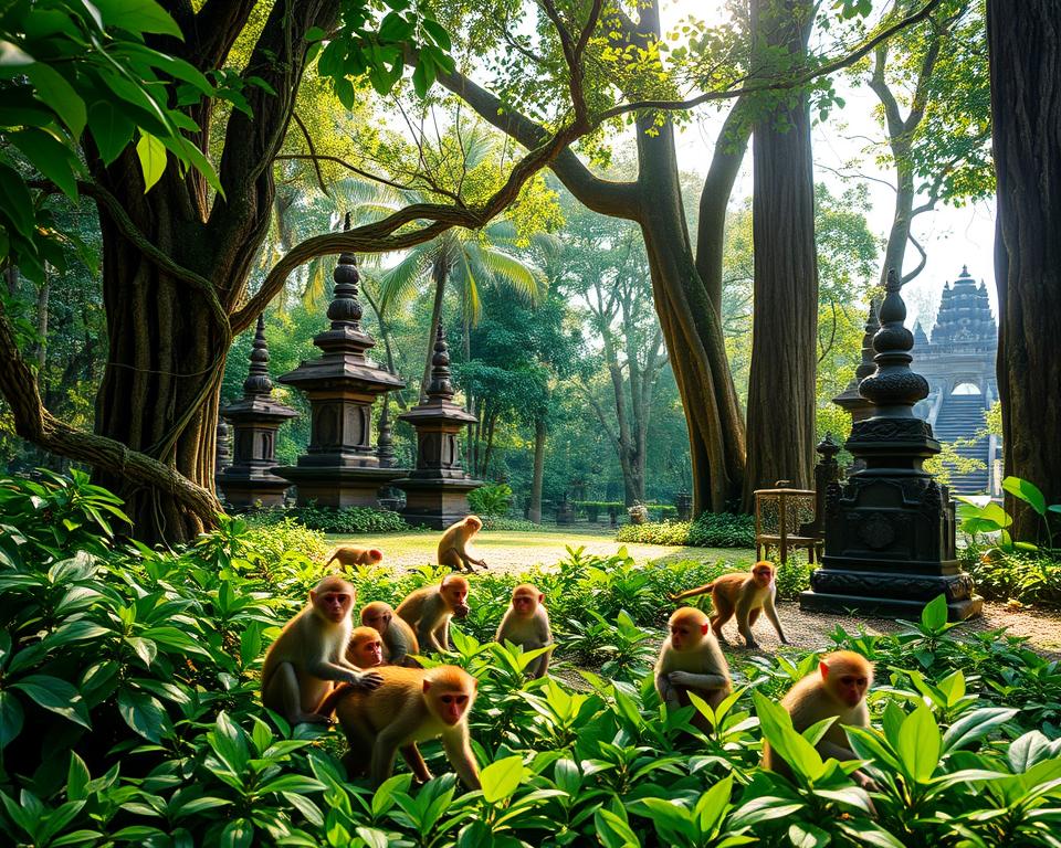 A serene scene in the Sangeh Monkey Forest, showcasing a vibrant natural habitat. In the foreground, a group of playful monkeys interact among lush green foliage, with soft sunlight filtering through the dense canopy, creating dappled light effects on the ground. The middle ground features traditional Balinese sculptures and ancient trees entwined with vines, adding cultural richness. In the background, a glimpse of the forest’s depth reveals towering trunks and hints of distant temple architecture. The atmosphere is tranquil and harmonious, inviting photographers to capture the beauty of nature and wildlife. Use a wide-angle lens for a dynamic perspective, with vibrant colors and soft focus on the monkeys, emphasizing their playful nature in this enchanting setting.