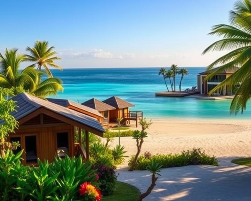 A serene scene of Gili Asahan, showcasing a variety of accommodations, from simple bungalows to luxurious villas. In the foreground, there are inviting wooden bungalows with thatched roofs, surrounded by lush tropical greenery and vibrant flowers. The middle ground features elegant beachfront villas with private decks overlooking the crystal-clear turquoise water. The background reveals a soft sandy beach and distant palm trees swaying gently in the breeze under a bright blue sky. The lighting is warm, suggesting late afternoon sunshine, casting a soft golden glow over the landscape. Capture a tranquil and inviting atmosphere, highlighting the beauty and diversity of lodging options on this idyllic island. Utilize a wide-angle lens to encompass the stunning setting.