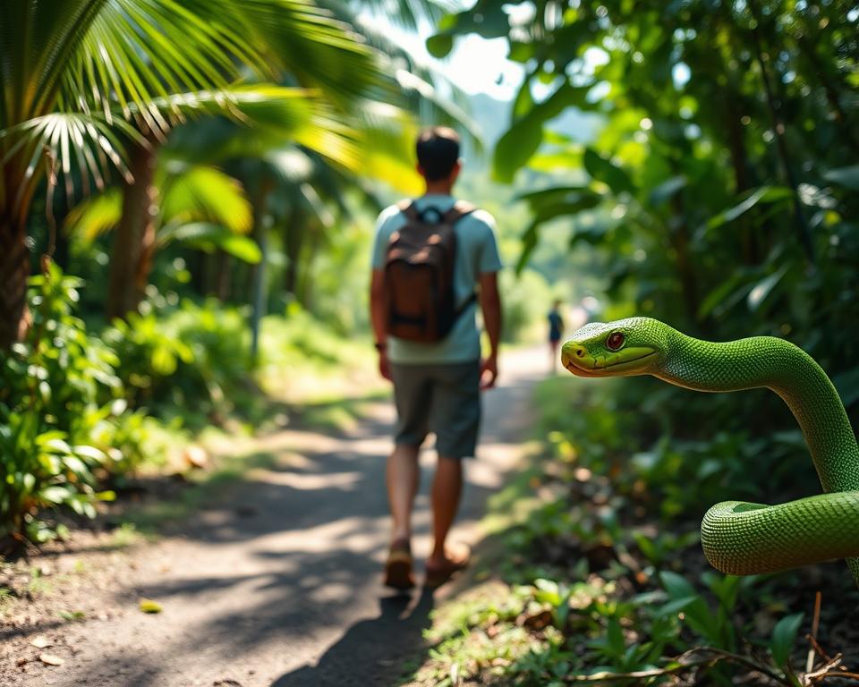 A serene scene on a Balinese path, featuring a cautious hiker in modest casual clothing observing a vibrant green snake from a safe distance. In the foreground, the hiker stands to the side of a lush, well-trodden trail, demonstrating the importance of maintaining space. The middle ground showcases the slithering snake, its scales glistening under dappled sunlight filtering through the canopy of palm leaves and tropical foliage. The background reveals a blurred landscape of dense vegetation, enhancing the sense of being in a tranquil but potentially hazardous environment. The mood is calm, emphasizing respect for wildlife while ensuring safety. The image has soft, natural lighting with an inviting, exploratory atmosphere, captured from a slightly elevated angle to give perspective on both the hiker and the snake.