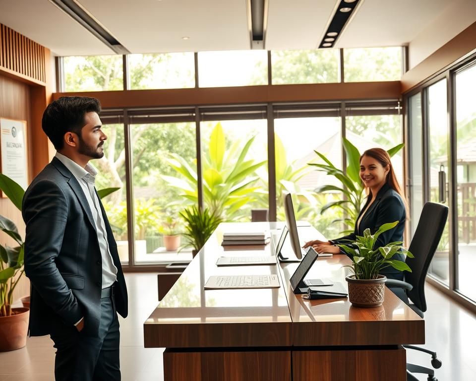 A serene scene set in a modern Balinese government office dedicated to visa extensions. In the foreground, a professional-looking individual, dressed in smart casual attire, is interacting with a friendly staff member behind a sleek desk adorned with official documents and a computer. The middle of the image showcases a well-organized office space with wooden accents and tropical plants, enhancing the local ambiance. In the background, large windows reveal a glimpse of lush greenery and traditional Balinese architecture. Soft, natural lighting filters through the windows, creating a warm and inviting atmosphere. The overall mood conveys a sense of professionalism, efficiency, and ease of obtaining a visa extension during a stay in Bali.
