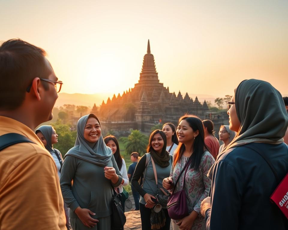 A serene scene showcasing a guided tour at the iconic Borobudur temple in Java, Indonesia. In the foreground, a diverse group of tourists dressed in casual yet modest clothing, smiling and engaging with a knowledgeable tour guide pointing towards the intricate stone carvings. In the middle ground, the majestic, multi-tiered structure of Borobudur rises prominently, with its stunning stupas and lush greenery surrounding it. The background features a vibrant sunrise casting soft golden light over the ancient monument, creating an inviting and awe-inspiring atmosphere. The image captures a sense of adventure and cultural exploration, with a wide-angle perspective to emphasize the grandeur of the site, bathed in warm, natural lighting that highlights the textures of the stone.