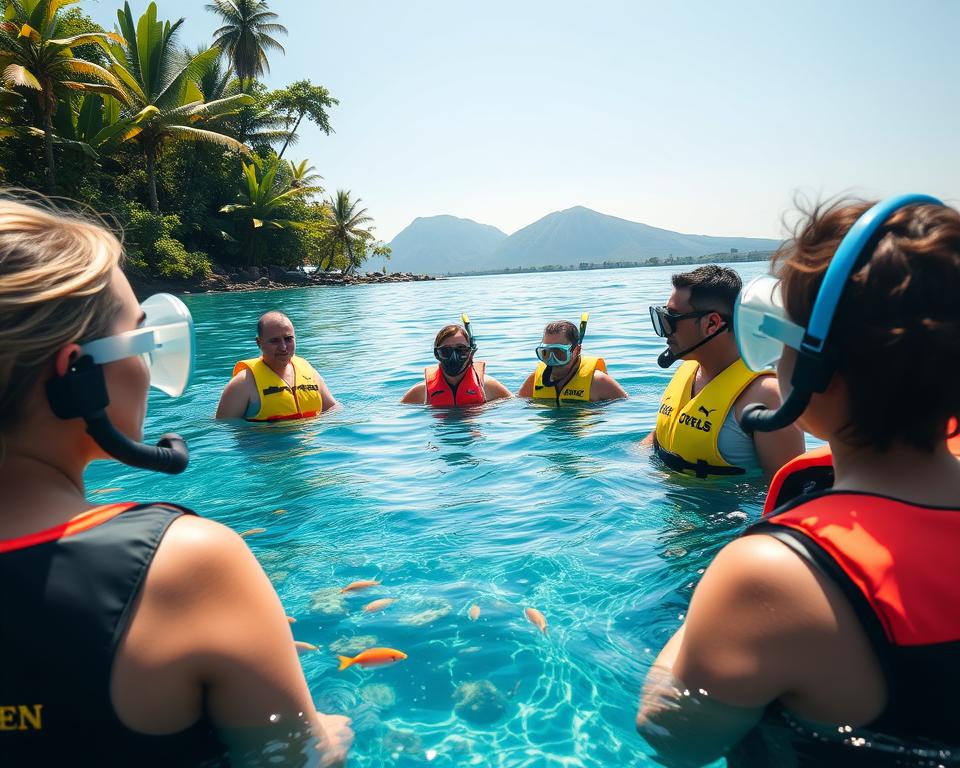 A serene snorkeling scene in Bali, focusing on safety while exploring the vibrant underwater world. In the foreground, a group of diverse individuals wearing professional-looking snorkeling gear, including masks, fins, and colorful life vests, is attentively listening to a safety briefing from an instructor. The middle ground showcases clear, turquoise waters teeming with colorful coral and tropical fish swimming around. In the background, lush green tropical foliage and distant volcanic mountains create a picturesque setting under bright, soft sunlight filtering through the water. The overall atmosphere is calm, educational, and inviting, conveying a message of safety and adventure in this underwater paradise. The image should have a slightly warm tone, capturing the beauty of Bali's natural environment.
