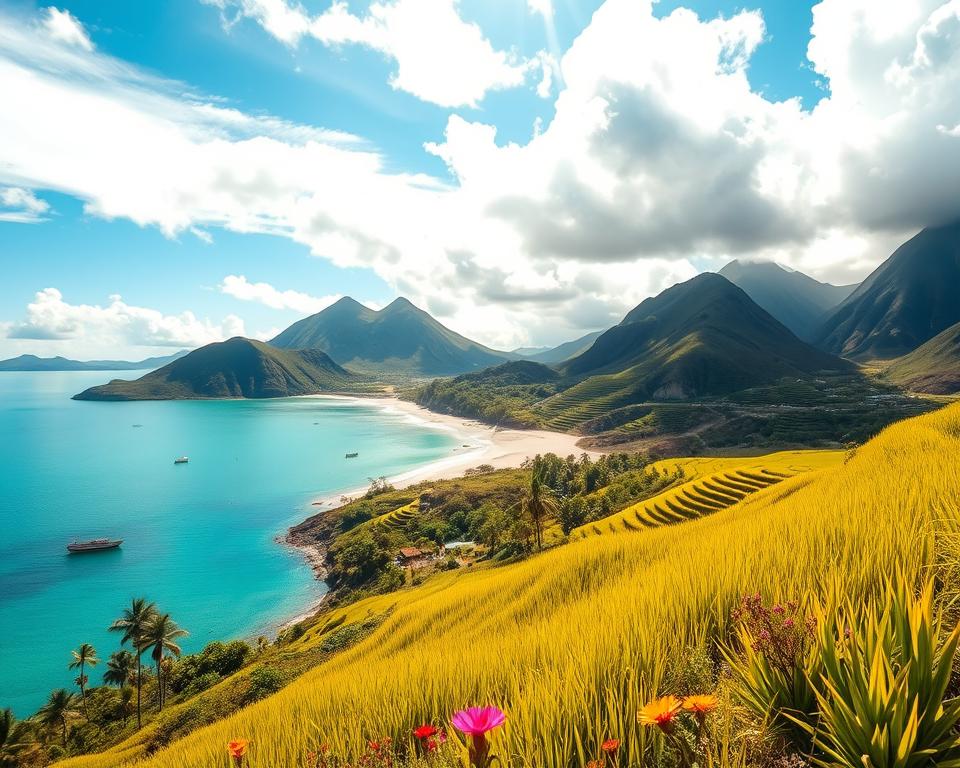 A serene tropical landscape of Flores Island, Indonesia during the best travel season. In the foreground, a scenic view of lush green rice terraces glistening under the golden sunlight, embellished with vibrant wildflowers. In the middle ground, a calm turquoise bay gently laps against a pristine sandy beach, dotted with a few small boats. In the background, dramatic volcanic mountains rise majestically, their peaks partly shrouded in mist. The sky is a brilliant blue with fluffy white clouds, conveying a sense of tranquility and beauty. The atmosphere is warm and inviting, ideal for exploration and relaxation. Capture this picturesque scene from a slightly elevated angle to showcase the island's stunning topography and natural splendor, with soft diffused lighting highlighting the colors of the landscape. No people present, ensuring focus on the natural beauty.