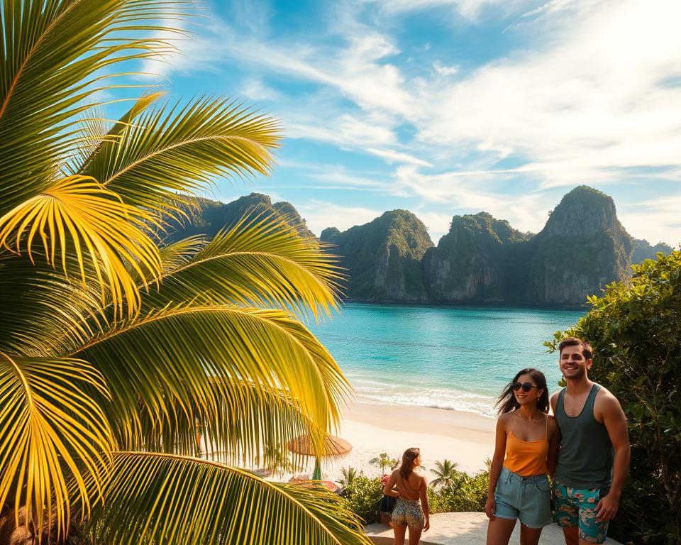 A serene tropical landscape showcasing Indonesia's islands during the ideal travel season. In the foreground, lush green palms sway gently in a warm breeze, their fronds illuminated by soft golden sunlight. In the middle ground, a pristine beach with fine white sand stretches along the azure waters, where gentle waves lap at the shore. A few vibrant beach umbrellas provide shade, and a couple of travelers in modest casual clothing enjoy the view, smiling as they relax. In the background, dramatic limestone cliffs rise majestically, dotted with lush greenery, under a clear blue sky filled with wispy clouds. The overall atmosphere is tranquil and inviting, evoking the perfect escape. Utilize natural lighting to enhance the colors, with a wide-angle view to capture the expansive beauty of this idyllic setting. A serene tropical landscape showcasing Indonesia's islands during the ideal travel season. In the foreground, lush green palms sway gently in a warm breeze, their fronds illuminated by soft golden sunlight. In the middle ground, a pristine beach with fine white sand stretches along the azure waters, where gentle waves lap at the shore. A few vibrant beach umbrellas provide shade, and a couple of travelers in modest casual clothing enjoy the view, smiling as they relax. In the background, dramatic limestone cliffs rise majestically, dotted with lush greenery, under a clear blue sky filled with wispy clouds. The overall atmosphere is tranquil and inviting, evoking the perfect escape. Utilize natural lighting to enhance the colors, with a wide-angle view to capture the expansive beauty of this idyllic setting.