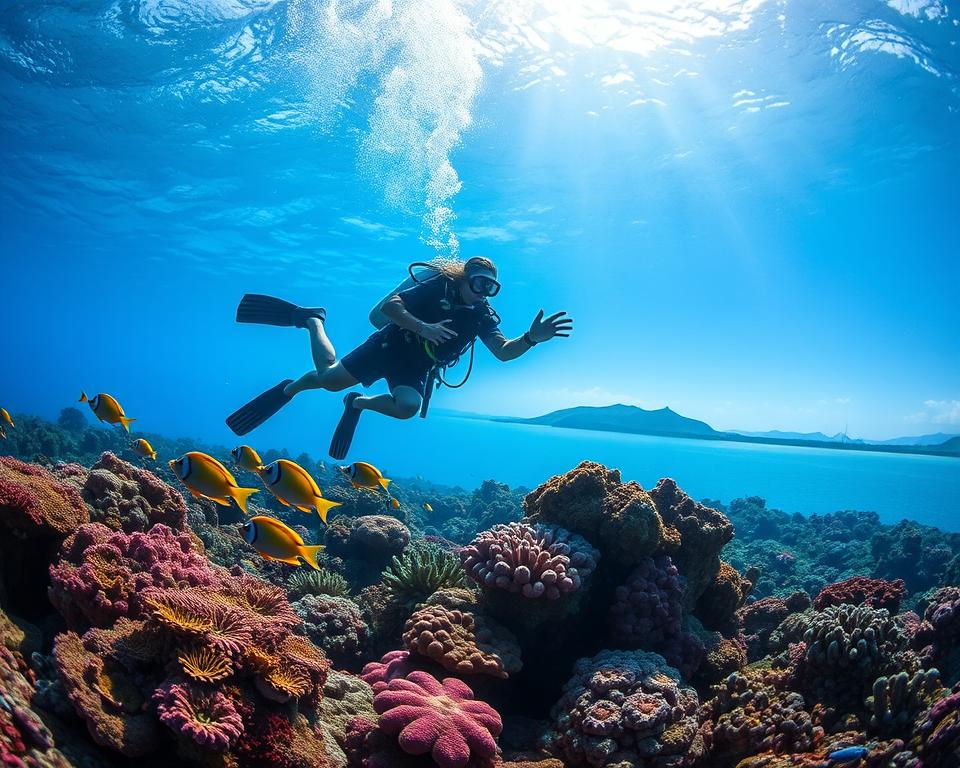 A serene underwater scene depicting a scuba diver gracefully exploring the vibrant coral reefs around Menjangan Island. In the foreground, the diver, equipped with professional dive gear, observes a school of colorful tropical fish amidst the coral formations. The midground features a stunning array of coral, showcasing various shapes and colors, with sunlight filtering through the crystal-clear water, casting a radiant glow. In the background, the silhouette of Menjangan Island can be seen through the water's surface, along with distant hills and lush greenery. The atmosphere is tranquil and inspiring, evoking a sense of adventure and connection to nature, captured in a wide-angle shot that emphasizes the beauty of marine life and the pristine environment.