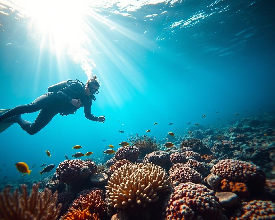 A serene underwater scene showcasing sustainable diving practices in Bali. In the foreground, a diver in a wetsuit carefully examines a vibrant coral reef, surrounded by diverse marine life, including colorful fish and sea turtles. The middle ground features an array of corals in pristine condition, demonstrating the beauty of a protected marine environment. In the background, rays of sunlight penetrate the crystal-clear water, creating a captivating blue hue and a tranquil atmosphere. The image should be captured from a slightly lower angle, emphasizing the diver's interaction with the underwater ecosystem, highlighting both the beauty and the importance of marine conservation. Aim for soft, natural lighting to accentuate the colors of the underwater landscape, evoking a sense of peace and responsibility toward ocean preservation.