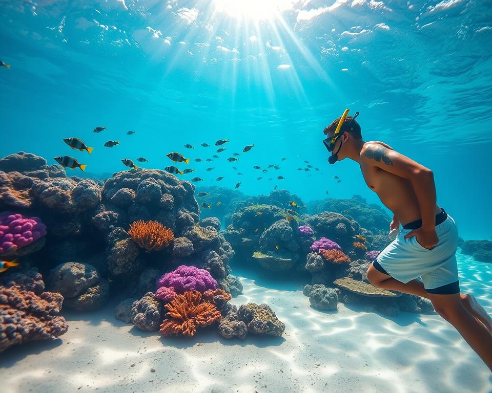 A serene underwater scene showcasing the vibrant marine life of Bali, specifically during diving season. In the foreground, a snorkeling diver in modest swim attire observes colorful coral reefs teeming with tropical fish, such as clownfish and angelfish. The middle ground features a variety of corals in shades of purple, blue, and yellow, while schools of fish swim gracefully around them. In the background, sunlit rays penetrate the water, creating a magical dappled effect on the sandy ocean floor. The overall mood captures the tranquility and beauty of exploring Bali's underwater world, with crystal-clear waters reflecting soft sunlight. The composition is shot from a slightly elevated angle to encompass both the diver and the stunning marine environment, emphasizing the best time for diving in Bali.