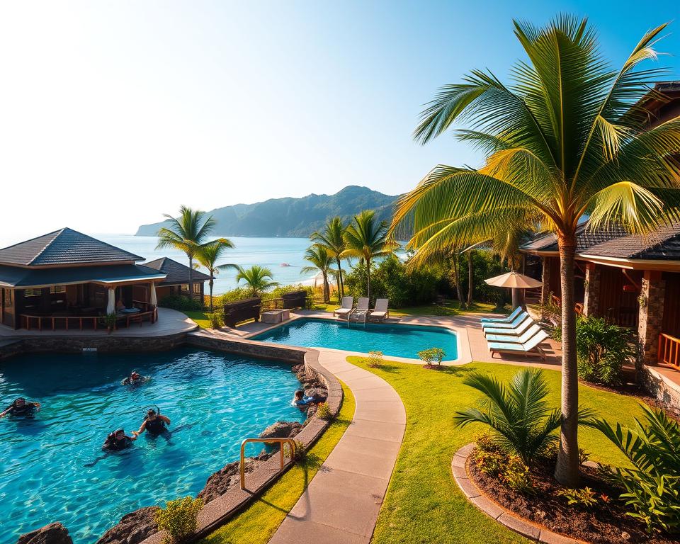 A serene view of Bali's coastal accommodation options for divers, showcasing a relaxing beachfront resort that features cozy, modest bungalows and vibrant tropical gardens. In the foreground, a pathway lined with palm trees leads to the accommodations, with divers in casual attire exploring the underwater world nearby, enjoying the clear blue waters. The middle ground includes an inviting clear swimming pool surrounded by lounge chairs and umbrellas, inviting relaxation after a day of diving. In the background, lush green hills blend seamlessly with the ocean, under a bright, sunny sky that casts warm, soft lighting over the scene. The mood is tranquil and inviting, capturing the essence of a perfect diving getaway in Bali.