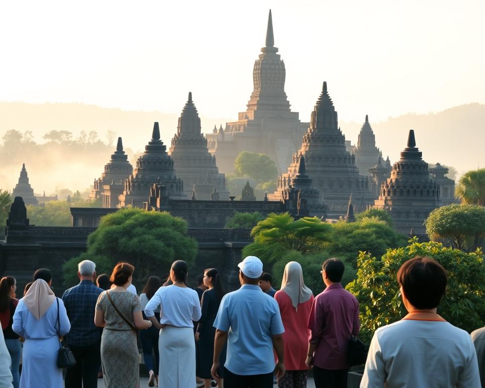 A serene view of Borobudur Temple during the early morning light, showcasing its intricate stone carvings and stupas rising majestically in layers. In the foreground, a group of visitors dressed in modest, respectful clothing, admiring the architecture while maintaining a respectful distance. The middle ground features the temple's detailed reliefs and iconic Buddha statues, bathed in soft warm light that enhances their textures. In the background, lush greenery and mist create a tranquil atmosphere, symbolizing the spiritual significance of the site. The angle should be slightly elevated, capturing the grandeur of the temple against a clear sky. The overall mood is peaceful and reverent, inviting contemplation and appreciation of this cultural landmark.