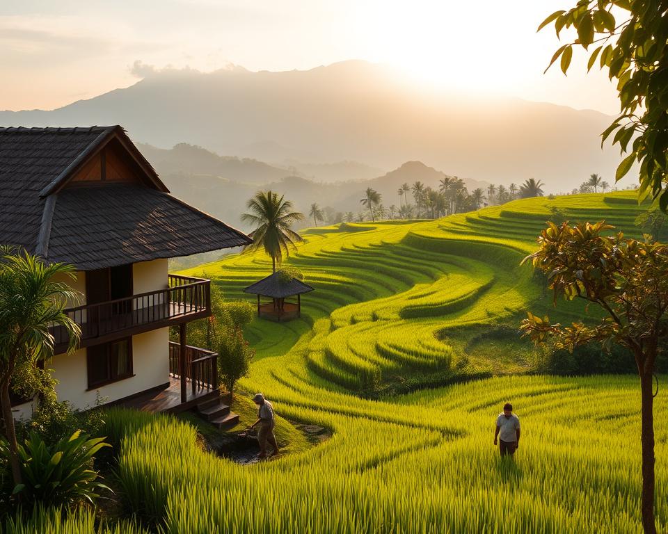 A serene view of Jatiluwih, Bali, showcasing lush, terraced rice fields under soft, golden hour lighting. In the foreground, a charming, traditional Balinese homestay with a thatched roof invites guests to experience the beauty of nature. The middle ground features vibrant green rice paddies gently cascading down the landscape, with local farmers dressed in modest, casual attire tending to the fields. In the background, majestic, mist-covered mountains loom, creating a stunning backdrop. The atmosphere is peaceful and tranquil, evoking a sense of escape and serenity. Use a wide-angle lens to capture the expansive beauty, emphasizing the layering of the landscape. The overall mood should inspire a connection with nature and the peaceful lifestyle of the region.