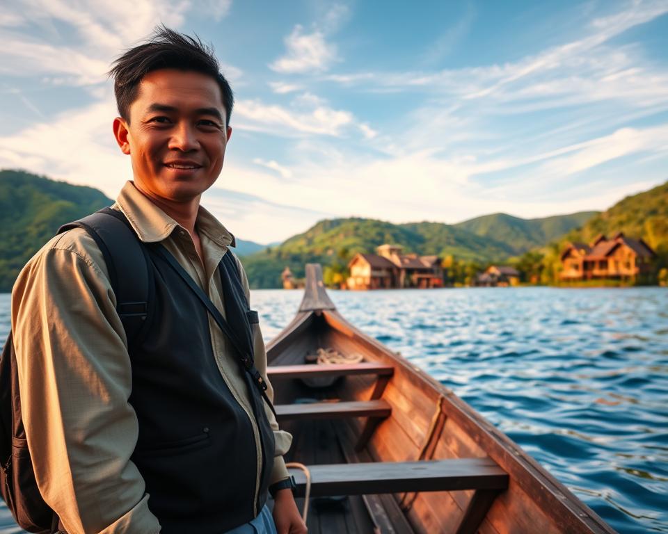 A serene view of Lake Toba in Sumatra, Indonesia, capturing the essence of safety and cultural etiquette. In the foreground, a well-dressed local guide with a friendly smile stands beside a traditional wooden boat, symbolizing tourism and hospitality. The middle ground features lush green hills and villages surrounding the lake, with traditional Batak houses showcasing the local architecture. In the background, the tranquil blue waters of Lake Toba reflect a clear sky with wispy clouds, conveying a sense of peace. Soft, warm lighting from an early morning sun enhances the scene, and the composition is framed with a slight tilt, creating an inviting atmosphere. The overall mood should evoke a sense of safety in exploring this beautiful destination while respecting its cultural significance.