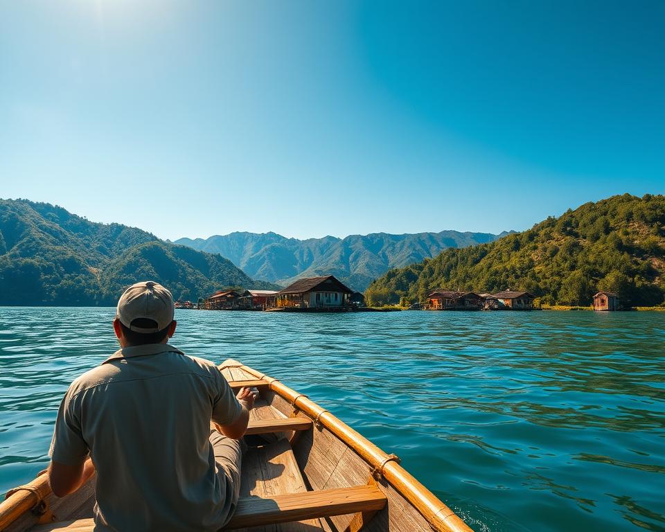 A serene view of Lake Toba in Sumatra, showcasing sustainable travel practices. In the foreground, a couple in modest casual clothing is enjoying a boat ride on the crystal-clear waters, surrounded by lush, green hills. Their boat appears eco-friendly, made of bamboo and recycled materials. In the middle ground, traditional Batak houses dot the shoreline, reflecting local architecture, with vibrant colors contrasting against the natural scenery. The background features distant mountains under a clear blue sky, with soft golden sunlight illuminating the landscape, enhancing the tranquil atmosphere. Capture the essence of responsible tourism through harmonious coexistence with nature and culture, using a wide-angle lens to encompass the breathtaking scenery. The image should evoke a sense of peace and respect for the environment.