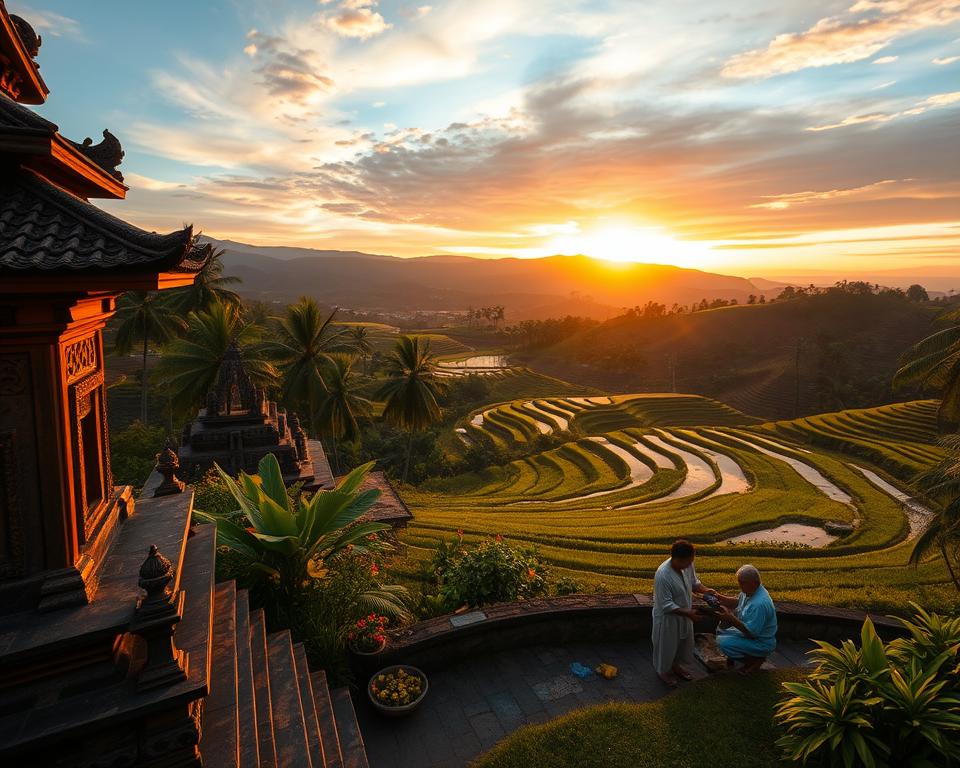 A serene view of Lovina, Indonesia, featuring traditional Balinese cultural landmarks. In the foreground, a beautiful temple with intricately carved stone details, surrounded by lush tropical greenery and colorful flowers. In the middle ground, tranquil rice terraces reflecting the soft golden light of the sunset, with local artisans dressed in modest clothing, creating handicrafts. In the background, gentle hills rising under a vibrant sky transitioning from blue to warm oranges and pinks, evoking a peaceful atmosphere. The image captures a lively yet harmonious vibe, highlighting the region's rich culture and spirituality. The lighting is warm and inviting, shot with a wide-angle lens to encompass the landscape's beauty while creating a sense of depth and tranquility.
