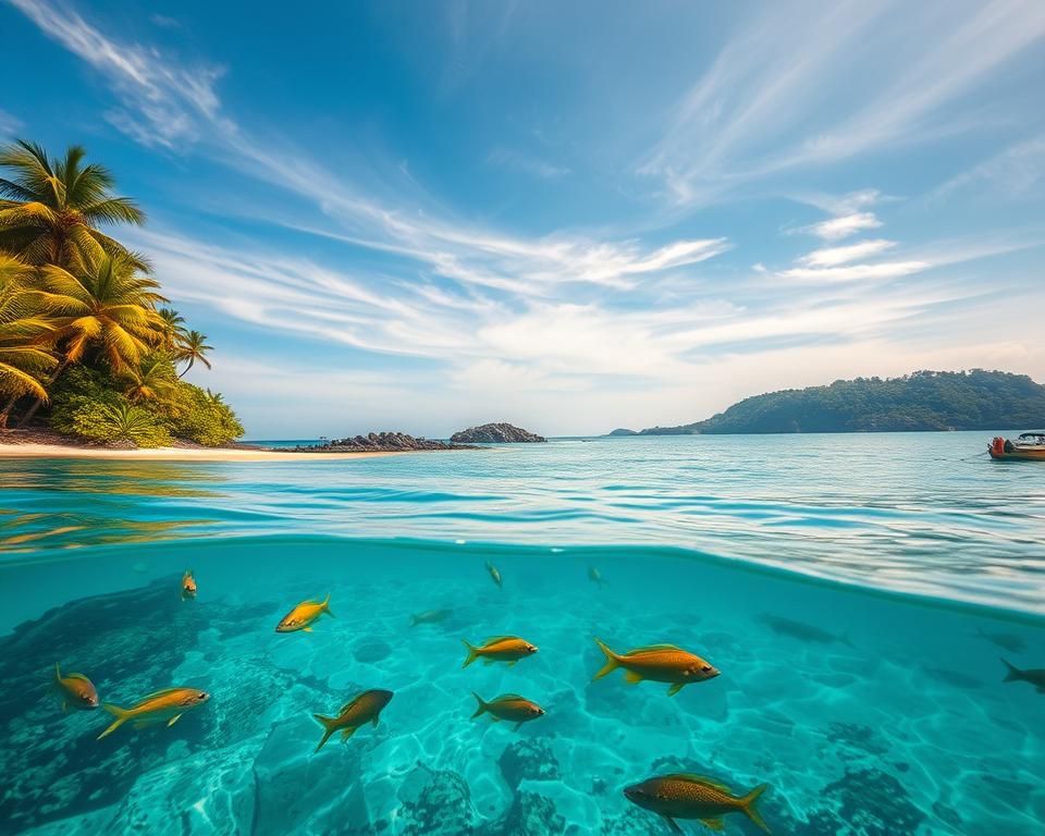 A serene view of Menjangan Island in the Indian Ocean, showcasing its stunning natural beauty. In the foreground, vibrant marine life swims gracefully in crystal-clear waters, with a sandy beach lined with lush green palm trees. The middle ground features a rocky shoreline and a small boat gently floating, with a backdrop of tropical vegetation. The sky above is bright blue, with soft wisps of white clouds, indicating a sunny day. The scene is illuminated by golden sunlight, creating a warm, inviting atmosphere. Capture this idyllic moment from a slightly elevated angle, emphasizing the island's hidden gem status and tranquil setting, while avoiding any human presence to maintain the island's untouched allure.