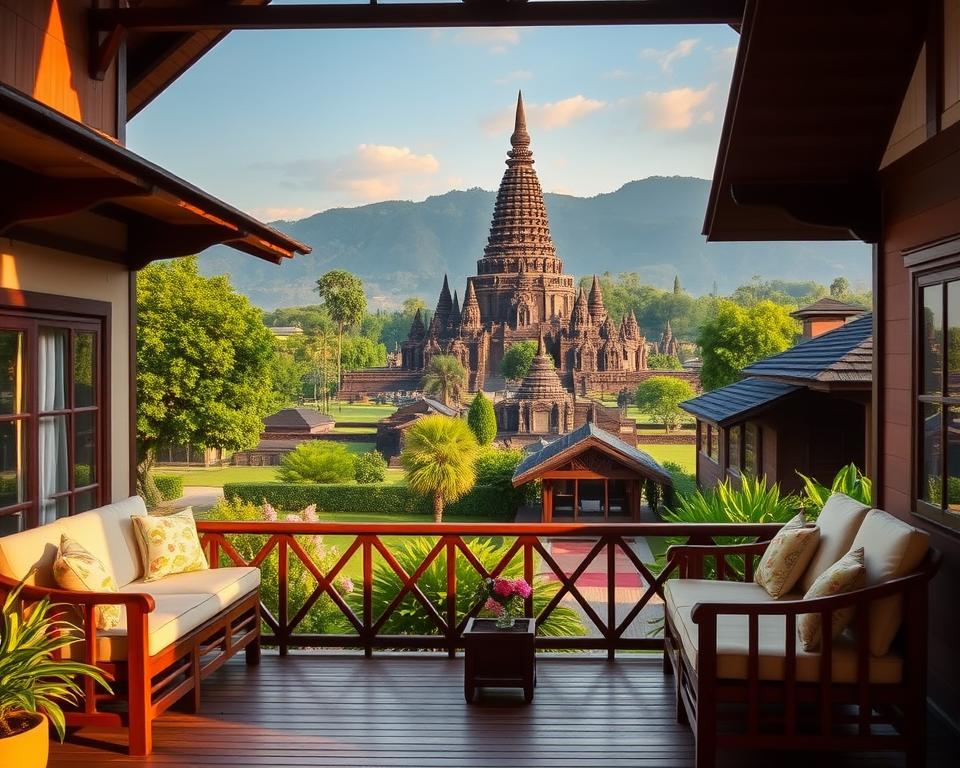 A serene view of a traditional accommodation facing the majestic Borobudur Temple, set in lush tropical surroundings. In the foreground, a beautiful wooden terrace with comfortable seating, showcasing local craftsmanship, decorated with vibrant flowers. The middle ground features the lush greenery of the region, with traditional Indonesian architecture blending harmoniously into the landscape. In the background, the towering Borobudur Temple rises majestically, bathed in the soft glow of the golden hour, highlighting its intricate stone carvings. The scene is illuminated by warm, natural sunlight, creating an inviting and peaceful atmosphere. Capture the essence of comfort and tranquility that visitors experience when staying near this historic site, with a focus on a picturesque and inviting environment.