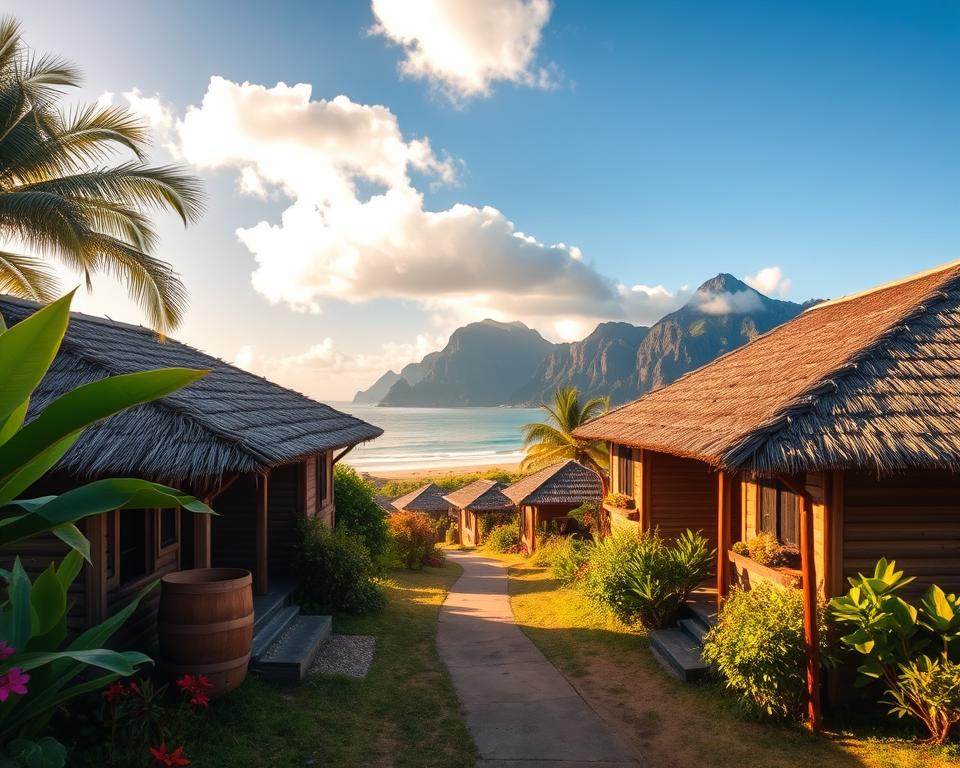 A serene view of accommodations in Loh Liang, Komodo National Park. In the foreground, rustic wooden bungalows with thatched roofs are nestled among lush tropical greenery and vibrant flowers. The middle ground features a pathway leading to a small sandy beach with gentle waves lapping at the shore. In the background, majestic volcanic cliffs rise against a clear blue sky, dotted with fluffy white clouds. The scene is bathed in warm, golden sunlight, creating a peaceful, inviting atmosphere. Capture a wide-angle view to emphasize the natural beauty and tranquility of the setting, with a focus on harmony between human habitation and nature.