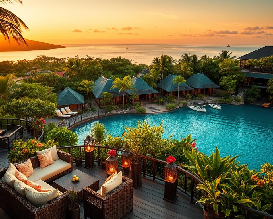 A serene view of charming accommodations near Menjangan Island, showcasing elegant eco-friendly bungalows nestled among lush tropical greenery. In the foreground, inviting outdoor seating areas with comfortable furniture and decorative lanterns, bathed in soft golden sunset light. The middle ground features villas made from natural materials, blending harmoniously with the landscape, surrounded by vibrant flowers and palm trees. In the background, the tranquil turquoise waters of a calm sea reflect the warm colors of the sky, dotted with small boats. The mood is peaceful and inviting, ideal for a relaxing getaway, with a sense of harmony with nature. The image captures a wide-angle view, enhancing the beauty of the surroundings and the inviting features of the accommodations.