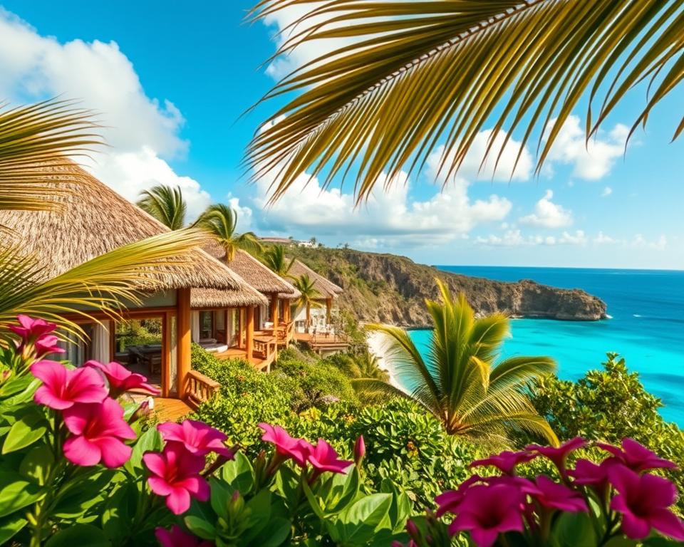 A serene view of luxurious accommodations near Diamond Beach on Nusa Penida, featuring charming bungalows with thatched roofs nestled among lush tropical greenery. In the foreground, vibrant flowers and palm leaves frame the scene, while in the middle, the bungalows reveal wooden decks overlooking the sparkling turquoise ocean. The background showcases the iconic cliffs and crystal-clear waters of Diamond Beach under a bright blue sky, with soft, fluffy clouds scattered overhead. The lighting is warm and inviting, suggesting late afternoon sunlight, creating a tranquil atmosphere perfect for relaxation. Use a wide-angle lens to capture the expansive beauty of the landscape, ensuring the accommodations are highlighted as idyllic spots for visitors seeking a peaceful retreat by the beach.