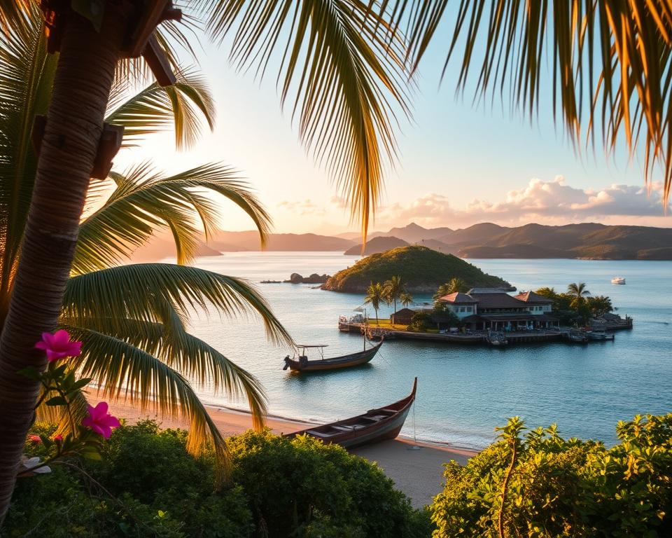 A serene view of the Banda Islands in the Maluku archipelago during the golden hour, showcasing tropical vegetation and historical significance. In the foreground, lush green palm trees gently sway in the breeze, with vibrant flowers peeking through. The middle ground features a traditional wooden boat anchored near the shore, and a glimpse of a rustic village with colonial architecture, reflecting the area's rich history in spice trade. The background presents rolling hills and crystal-clear waters, capturing the essence of an untouched paradise. Soft, warm light bathes the scene, creating a tranquil and inviting atmosphere. A wide-angle perspective emphasizes the stunning coastline and distant islands, evoking a sense of exploration and adventure.
