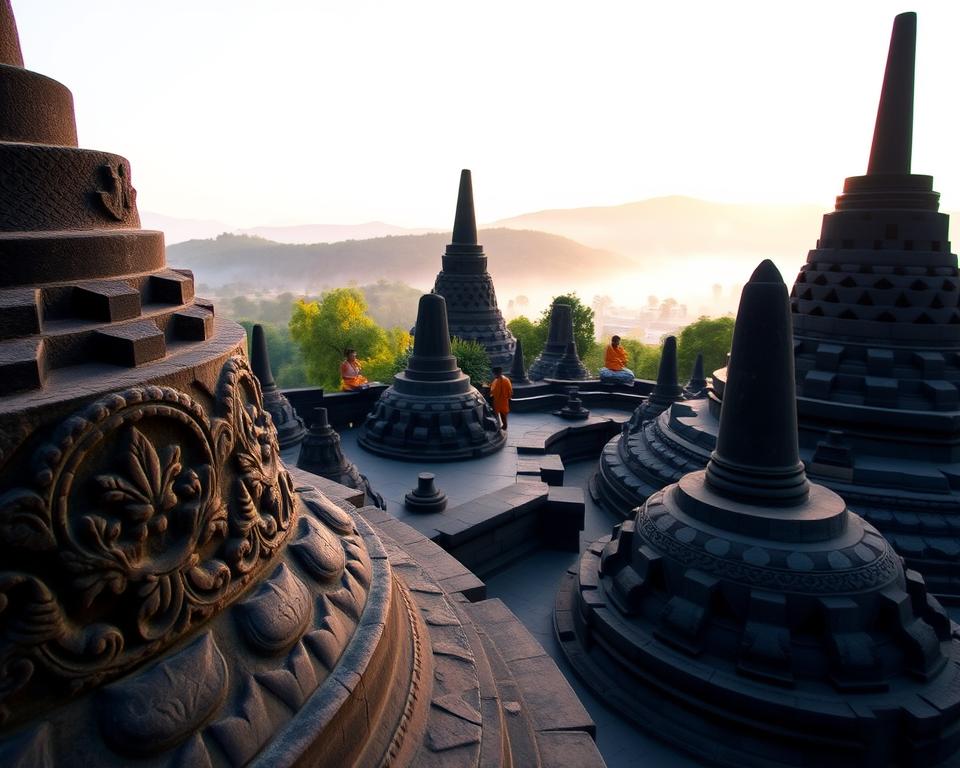 A serene view of the Borobudur Temple, highlighting its intricate carvings and stupas, set against a soft sunrise sky. In the foreground, ornate stone reliefs depicting Buddhist symbolism and teachings, such as lotus flowers and Bodhisattvas, are finely detailed. In the middle ground, towering stupas rise majestically, with a few monks in modest saffron robes quietly meditating. The background features lush green hills gently illuminated by warm golden light, enveloped in light mist for a mystical atmosphere. Capture the scene from a slightly elevated angle to showcase the temple's impressive scale and architectural beauty. Soft, diffused lighting accentuates the textures of the stone and the tranquility of the environment, evoking a sense of peace and spiritual reflection.