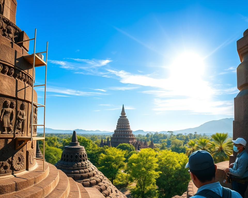 A serene view of the Borobudur temple restoration projects, showcasing intricate stone carvings and scaffolding in the foreground, with professionals in modest work attire carefully examining and restoring the reliefs. In the middle ground, display the majestic tiers of the temple rising above lush green trees under a bright blue sky, where sunlight filters through. Capture the vibrant hues of the surrounding nature, emphasizing the contrast between the ancient architecture and ongoing conservation efforts. In the background, include distant hills to highlight the temple's remote beauty. The atmosphere should convey a sense of dedication and harmony, with soft, warm lighting enhancing the textures of the stonework. Use a slightly elevated angle to portray the grandeur of Borobudur in its historical context during preservation.