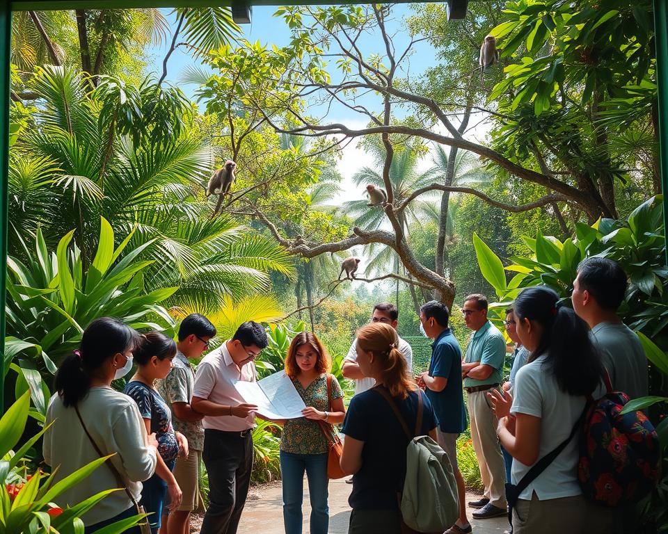 A serene view of the Sangeh Monkey Forest preparation area, featuring a lush green entrance surrounded by vibrant flora. In the foreground, a group of diverse visitors in modest casual clothing are studying a map, looking excited and ready for their adventure. In the middle ground, local guides give information about the monkeys and the forest, surrounded by dense tropical trees and playful monkeys in the branches above. The background showcases a clear blue sky peeking through the leaves, with soft sunlight filtering through, creating a warm and inviting atmosphere. The image should have a slightly elevated angle, capturing the enthusiasm of the visitors and the beauty of the natural surroundings, with a focus on clarity and vivid colors.