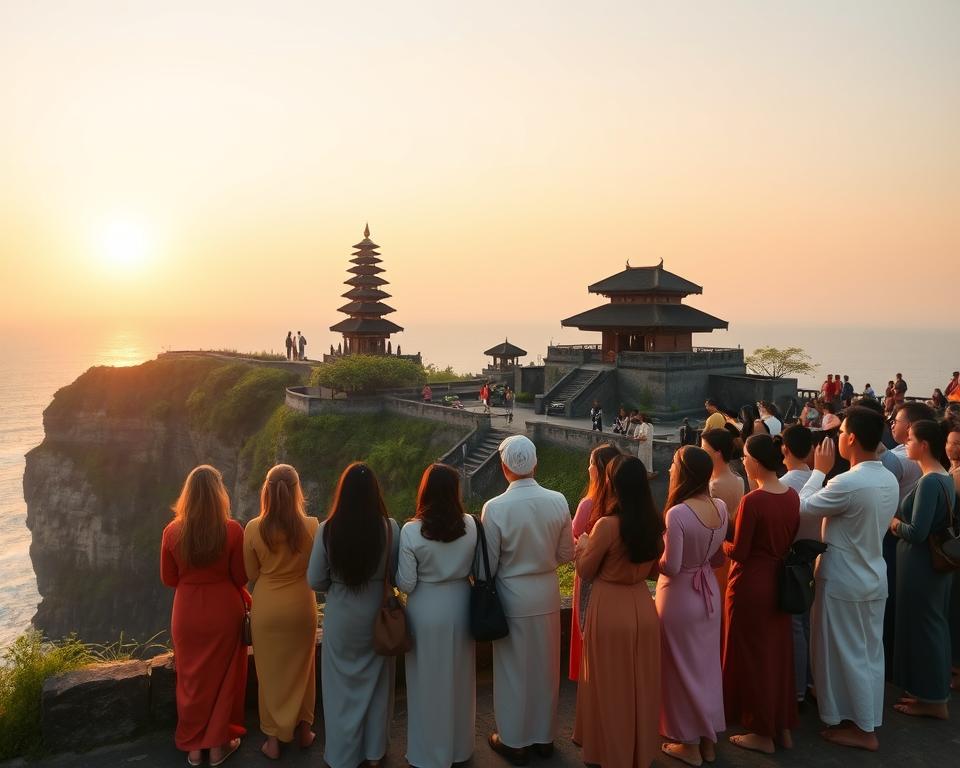 A serene view of the Uluwatu Temple in Bali, showcasing its stunning cliffside location overlooking the ocean. In the foreground, a diverse group of visitors dressed in respectful, modest clothing, such as long skirts and light long-sleeve shirts, are admiring the temple. The middle ground features the intricate traditional Balinese architecture of the temple, with lush greenery surrounding it. In the background, the horizon fades into the warm sunset, casting a golden light on the scene, creating a tranquil and respectful ambiance. Use a wide-angle lens to capture the grandeur of the temple and its surroundings, highlighting the cultural significance and beauty of the site. The atmosphere is peaceful and reverent, emphasizing the cultural etiquette of the visit.
