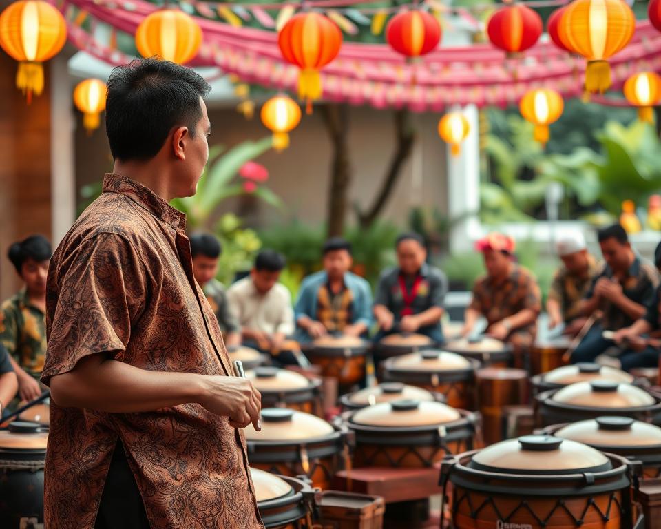 A skilled Gamelan Meister stands confidently in the foreground, meticulously conducting an ensemble of musicians playing traditional Indonesian instruments like metallophones, gongs, and drums. He is dressed in elegant traditional attire, featuring a batik shirt and a sarong, showcasing the cultural richness of Gamelan music. The middle ground features a diverse group of musicians, focused and passionate, each engaged with their instruments, creating a harmonious blend of sounds. In the background, visualize a vibrant outdoor setting, perhaps a lush garden or courtyard, draped with colorful decorations and lanterns that enhance the festive atmosphere. Soft, warm lighting casts a beautiful glow, evoking a feeling of joy and cultural celebration. The overall mood is lively and respectful, capturing the essence of Gamelan music and its communal spirit.