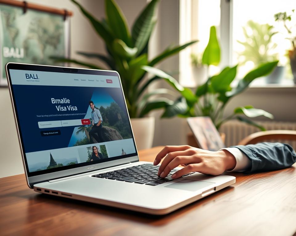 A sleek laptop displaying a Bali visa application website sits on a modern wooden desk, emphasizing the ease of online application. In the foreground, a focused young adult wearing professional business attire is typing on the laptop, highlighting a sense of efficiency and professionalism. In the middle ground, a lush indoor plant adds a touch of Bali's tropical vibe, while a warm, natural light filters through a nearby window, creating a cozy and inviting atmosphere. The background showcases a subtle hint of a travel-themed decor, such as a map of Bali and travel brochures, reinforcing the theme of exploring Bali. The mood is optimistic and inspiring, reflecting the simplicity of applying for a visa online.
