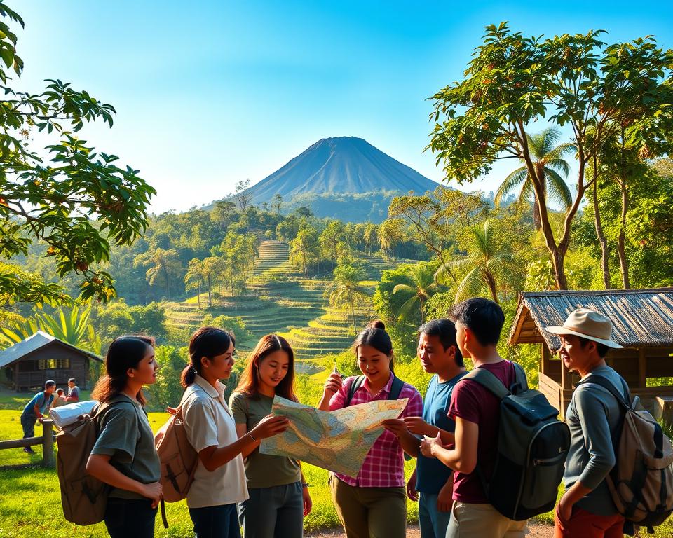 A stunning Indonesian landscape featuring an active volcano in the background, surrounded by lush green forests and rice terraces. In the foreground, a diverse group of travelers, dressed in modest outdoor attire, is consulting a travel map and discussing their volcano expedition. Soft, warm sunlight filters through the trees, creating a serene and adventurous atmosphere. The camera angle is slightly elevated, showcasing both the group and the majestic volcano rising majestically against a clear blue sky. Elements of traditional Indonesian culture, such as wooden huts and local flora, subtly contribute to the ambiance. The image should evoke excitement and preparation, reflecting the spirit of adventure in planning a volcanic expedition in Indonesia. A stunning Indonesian landscape featuring an active volcano in the background, surrounded by lush green forests and rice terraces. In the foreground, a diverse group of travelers, dressed in modest outdoor attire, is consulting a travel map and discussing their volcano expedition. Soft, warm sunlight filters through the trees, creating a serene and adventurous atmosphere. The camera angle is slightly elevated, showcasing both the group and the majestic volcano rising majestically against a clear blue sky. Elements of traditional Indonesian culture, such as wooden huts and local flora, subtly contribute to the ambiance. The image should evoke excitement and preparation, reflecting the spirit of adventure in planning a volcanic expedition in Indonesia.