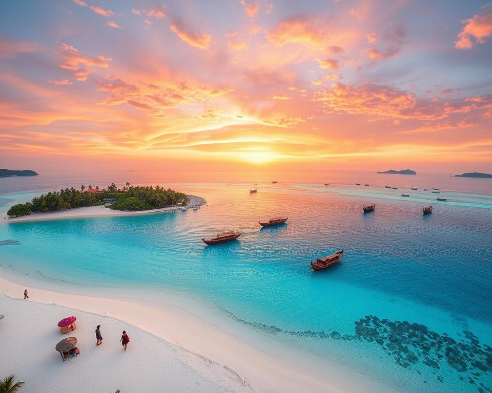 A stunning aerial view of the Gili Islands in Indonesia, showcasing their serene beauty with crystal-clear turquoise waters and vibrant coral reefs. In the foreground, include a pristine beach with soft white sand, dotted with colorful beach umbrellas and a few people in modest beach attire enjoying the sun. In the middle ground, capture traditional wooden boats gently bobbing on the water, with lush green palm trees lining the shore. The background should feature a breathtaking sunset sky filled with warm hues of orange, pink, and purple, casting a golden glow over the landscape. Use a wide-angle lens for a panoramic effect, with soft, natural lighting to evoke a tranquil, inviting atmosphere, ideal for highlighting these hidden treasures of Indonesia. A stunning aerial view of the Gili Islands in Indonesia, showcasing their serene beauty with crystal-clear turquoise waters and vibrant coral reefs. In the foreground, include a pristine beach with soft white sand, dotted with colorful beach umbrellas and a few people in modest beach attire enjoying the sun. In the middle ground, capture traditional wooden boats gently bobbing on the water, with lush green palm trees lining the shore. The background should feature a breathtaking sunset sky filled with warm hues of orange, pink, and purple, casting a golden glow over the landscape. Use a wide-angle lens for a panoramic effect, with soft, natural lighting to evoke a tranquil, inviting atmosphere, ideal for highlighting these hidden treasures of Indonesia.