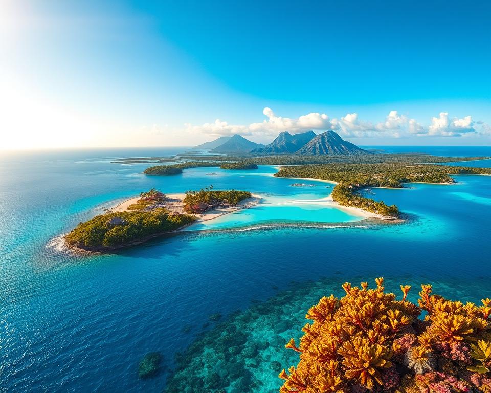 A stunning aerial view of the Indonesian islands, showcasing lush tropical landscapes and azure waters. In the foreground, a vibrant coral reef teems with colorful marine life. The middle ground features a cluster of islands with palm-fringed beaches and quaint traditional wooden houses, surrounded by crystal-clear lagoons. In the background, majestic volcanic peaks rise against a bright blue sky dotted with fluffy white clouds. The sunlight casts a golden hue on the scene, highlighting the vibrant greens of the foliage and the deep blues of the ocean. The atmosphere is serene and inviting, evoking a sense of paradise and adventure. The image should capture the essence of Indonesia's natural beauty and diverse island culture.