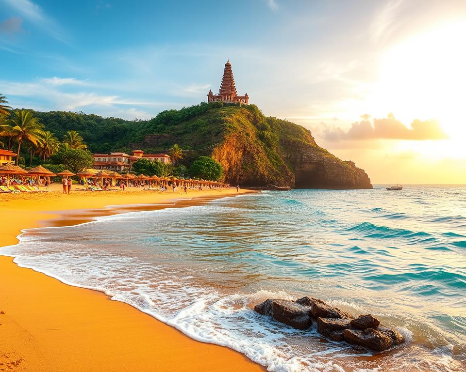 A stunning beach scene near Uluwatu, Bali, showcases golden sands stretching along the turquoise ocean. In the foreground, gentle waves lap against the shore, with small rocks partially submerged in the water. The middle ground features vibrant beach umbrellas along the shore, with tourists in modest casual attire enjoying sunbathing and beach games. In the background, the iconic Uluwatu Temple sits majestically atop a cliff, framed by lush greenery and dramatic cliffs. The sky is painted with warm hues of sunset, casting a golden glow over the landscape, enhancing the serene ambiance. Shot with a wide-angle lens to capture the expansive beauty, this image conveys a tranquil yet lively atmosphere, perfect for illustrating the attractions and activities around Uluwatu.
