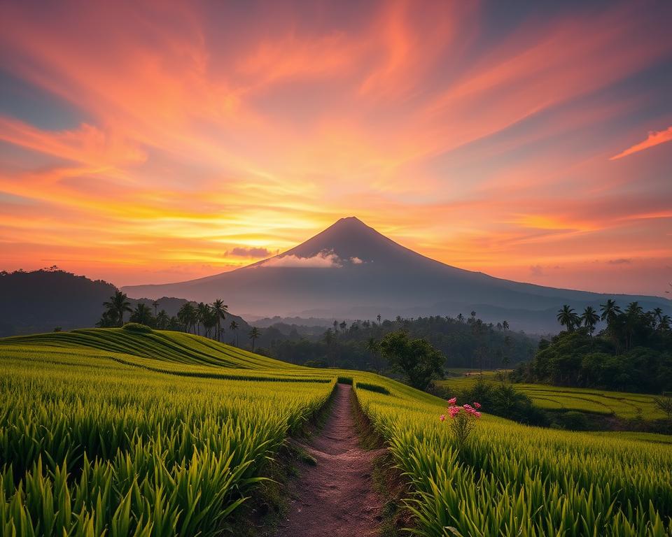 A stunning landscape of Mount Agung in Bali, captured during the golden hour, showcasing its majestic peak rising dramatically against a vibrant sky filled with soft orange and pink hues. In the foreground, lush green rice terraces glisten with dew, leading the viewer's gaze to the mountain. The middle ground features a tranquil pathway lined with tropical flowers, inviting exploration. In the background, the towering silhouette of Mount Agung dominates the horizon, slightly shrouded in wispy clouds, reflecting the natural beauty of Bali. The lighting should be warm and soft, highlighting the textures of the landscape, with a wide-angle perspective that emphasizes the grandeur of the setting. The mood is serene and inviting, perfect for an inspiring photography experience.
