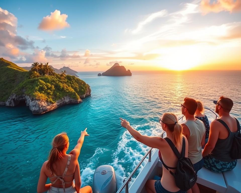 A stunning tropical seascape showcasing the journey to Nusa Penida, featuring a boat gracefully sailing through crystal-clear turquoise waters. In the foreground, a small group of travelers in modest casual clothing eagerly point towards the distant island. The middle ground highlights lush green cliffs framing the glistening coastline, with a few palm trees swaying gently in the breeze. In the background, the majestic silhouette of Nusa Penida rises under a vibrant sunset sky, painted in hues of orange, pink, and purple. Soft light reflects off the water, creating a serene atmosphere. Use a wide-angle lens to capture the expansive beauty of the scene, ensuring that the focus remains on the journey, filled with a sense of anticipation and excitement for the adventure ahead.