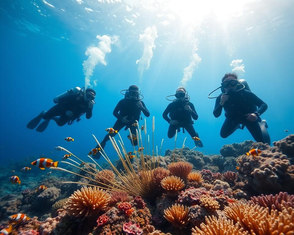 A stunning underwater scene showcasing scuba divers exploring the vibrant marine life off the east coast of Bali. In the foreground, a group of divers in modest wetsuits, equipped with oxygen tanks and diving gear, are surrounded by colorful coral reefs teeming with tropical fish, such as clownfish and angelfish. In the middle ground, underwater plant life sways gently with the current, adding depth to the scene. The background reveals a sunlit surface filtering down rays of light, creating a serene and ethereal atmosphere. The image captures the tranquility and beauty of ocean exploration, emphasizing the rich biodiversity and stunning clarity of the water. The lighting is bright and vibrant to enhance the colors of the marine ecosystem, illustrating the enchanting underwater world of Bali.