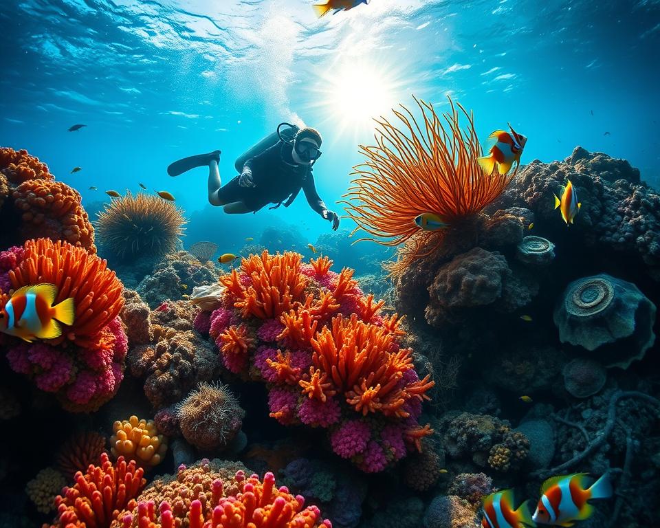 A stunning underwater scene showcasing the best diving spots in northern Bali. In the foreground, vibrant coral reefs teeming with colorful tropical fish, including clownfish and butterfly fish. In the middle ground, a diver exploring a beautiful coral garden, wearing a wetsuit and surrounded by swaying sea fans and marine life. The background features clear blue water illuminated by sunlight filtering down from the surface, creating a magical glow effect. Capture the rich colors of marine biodiversity, with hues of blue, orange, and green, evoking a sense of wonder and adventure. Set the scene in a serene, tranquil mood, highlighting the natural beauty of Bali's underwater world. Use a wide-angle lens to emphasize depth and dimension.