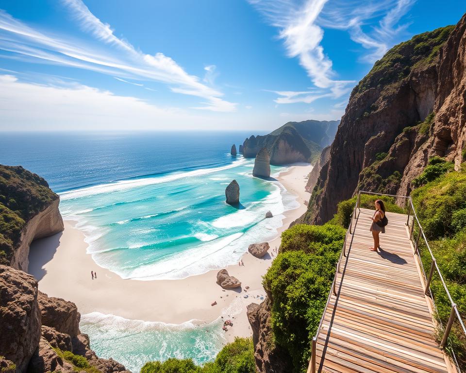 A stunning view from the lookout platform over Diamond Beach on Nusa Penida. In the foreground, the sleek wooden platform juts out from lush green cliffs, with a few visitors in modest casual clothing, admiring the breathtaking scenery. The middle ground features the striking contrast of fine white sand meeting the sparkling blue waters, where large chunks of clear, glistening ice-like rocks add to the beach's allure. The background reveals dramatic cliffs and turquoise waves gently lapping at the shore under a bright, sunny sky, with wispy clouds adding depth to the scene. Soft, golden sunlight bathes the landscape, creating a warm and inviting atmosphere. The angle captures both the lookout platform and the vast beach below, evoking a sense of awe and tranquility.