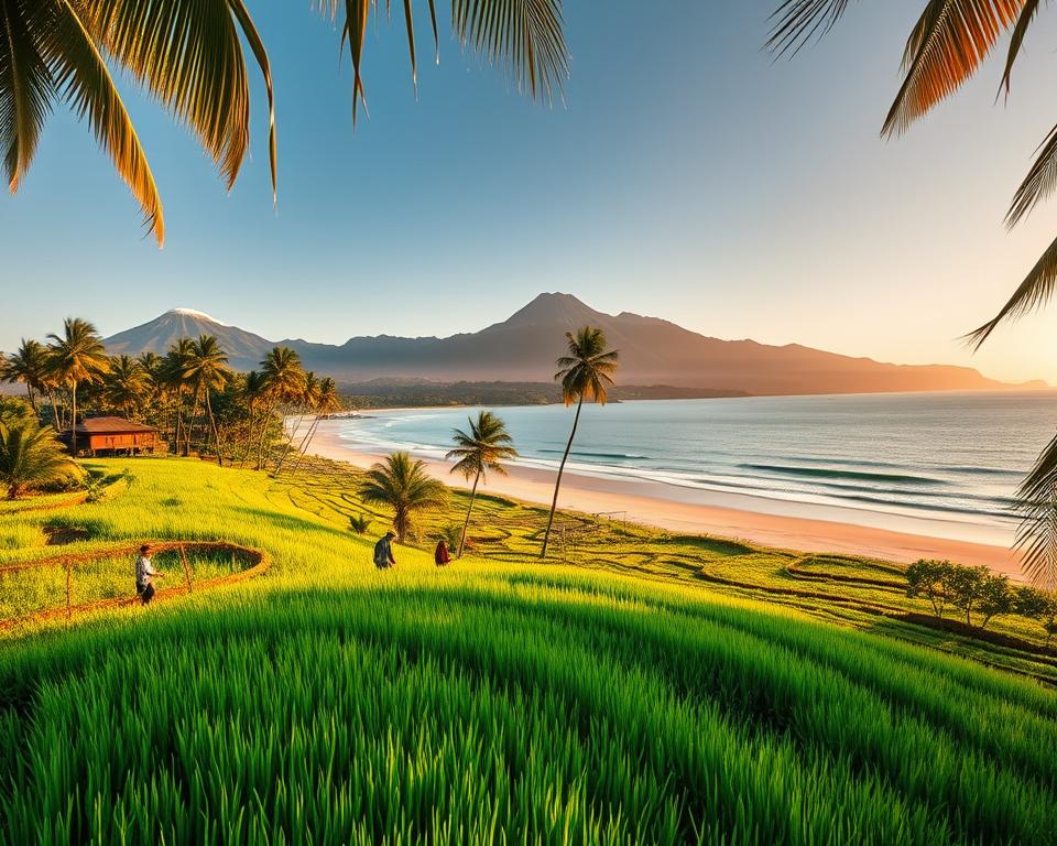 A stunning view of Bali, Indonesia, showcasing its natural beauty. In the foreground, vibrant green rice terraces glisten under the sunlight, dotted with local farmers in modest, casual attire tending to the fields. The middle layer presents a serene beach with soft white sand and gentle waves lapping at the shore. Palm trees sway in the breeze, providing a tropical vibe. In the background, majestic volcanic mountains rise subtly into a clear blue sky. The scene is bathed in warm, golden hour lighting, casting a soft glow over the landscape. The mood is idyllic and tranquil, inviting viewers to experience the allure of this popular Indonesian island. The image should be captured from a slightly elevated angle, creating a panoramic view of this beautiful setting without any text or watermarks. A stunning view of Bali, Indonesia, showcasing its natural beauty. In the foreground, vibrant green rice terraces glisten under the sunlight, dotted with local farmers in modest, casual attire tending to the fields. The middle layer presents a serene beach with soft white sand and gentle waves lapping at the shore. Palm trees sway in the breeze, providing a tropical vibe. In the background, majestic volcanic mountains rise subtly into a clear blue sky. The scene is bathed in warm, golden hour lighting, casting a soft glow over the landscape. The mood is idyllic and tranquil, inviting viewers to experience the allure of this popular Indonesian island. The image should be captured from a slightly elevated angle, creating a panoramic view of this beautiful setting without any text or watermarks.