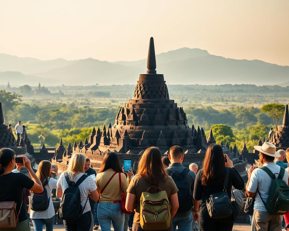 A stunning view of Borobudur Temple, a magnificent ancient Buddhist monument in Indonesia. In the foreground, tourists in modest casual clothing are taking photographs, with some studying guidebooks, creating an atmosphere of exploration and anticipation. The middle ground features the iconic stupa and relief carvings of the temple, intricately detailed and bathed in warm morning light. In the background, lush greenery and distant mountains enhance the natural beauty of the site. The image is captured from a slightly elevated angle to showcase the grandeur of the temple, with soft, diffused sunlight creating a serene and inviting mood. The overall composition emphasizes the blend of cultural heritage and the excitement of travel preparation for visitors.