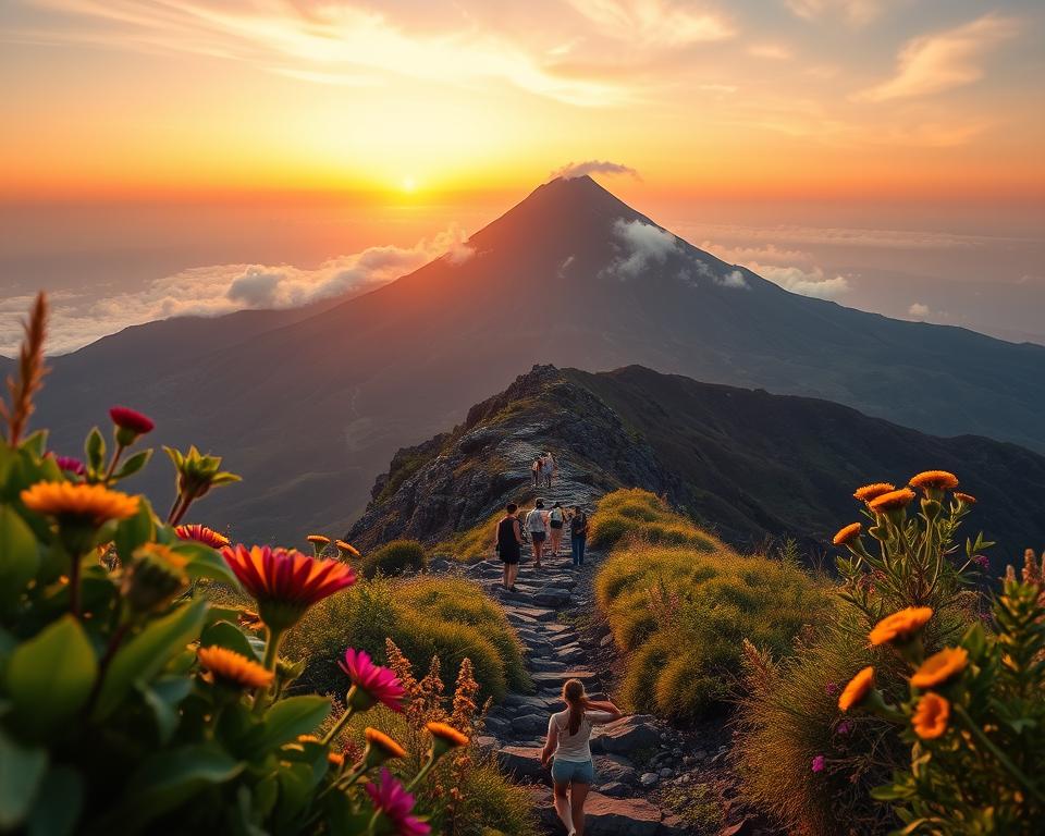 A stunning view of Mount Agung, Bali's majestic peak, captured during the golden hour just before sunset. In the foreground, lush green vegetation and vibrant wildflowers frame the path leading up to the summit, inviting hikers to explore. The middle ground reveals the rocky trail winding its way toward the rocky slopes of the mountain, dotted with climbers in modest casual clothing, enhancing the sense of adventure. The background showcases Mount Agung's towering, volcanic summit, bathed in warm hues of orange and purple from the setting sun. Wispy clouds dance around the peak, adding drama to the serene landscape. The overall atmosphere is tranquil yet exhilarating, evoking a sense of awe and discovery in nature. The lighting is soft and warm, emphasizing the natural beauty and ruggedness of the terrain, with a wide-angle view that captures the vastness of the scene.