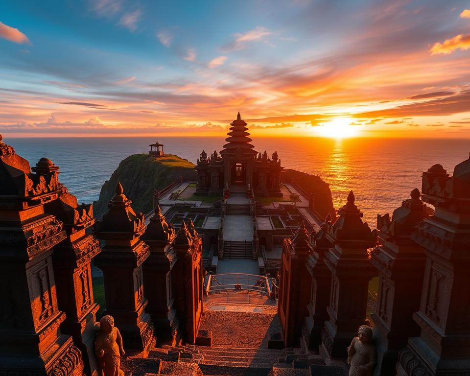 A stunning view of Uluwatu Temple, showcasing its iconic cliffside architecture against a breathtaking sunset sky. In the foreground, intricate Balinese carvings and stone statues frame the entrance, highlighting the detailed craftsmanship. The middle ground features the temple's distinct multi-tiered rooftops, each adorned with traditional Balinese ornamentation. In the background, the vast Indian Ocean reflects the vibrant colors of the sunset, creating a serene atmosphere. The scene is bathed in warm golden light, casting long shadows that accentuate the temple's rugged features. Capture this image from a slightly elevated angle, providing an encompassing perspective of the temple in its natural coastal setting, evoking a sense of peace and spirituality.