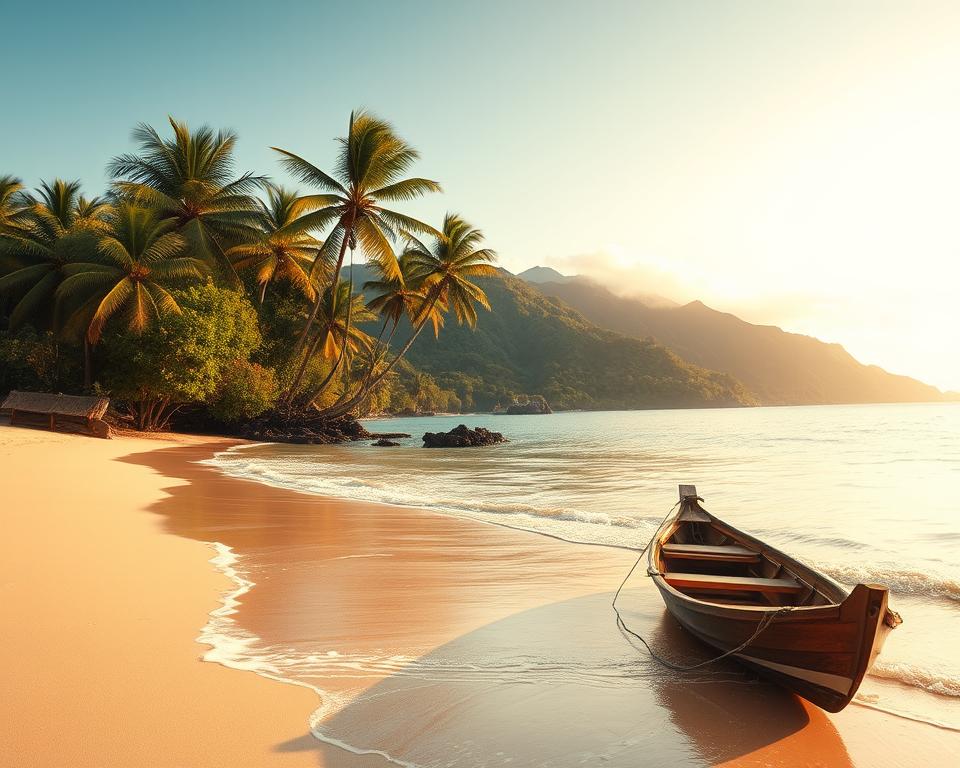 A tranquil Indonesian island scene, focusing on a pristine beach with gentle waves lapping at the shore. In the foreground, a small wooden boat is moored close to the sand, showcasing traditional craftsmanship. The middle ground features lush palm trees swaying in the soft breeze, adding a tropical vibe. In the background, vibrant green hills rise, partially shrouded in a light mist, hinting at the natural beauty of the island. The lighting is warm and inviting, suggesting a late afternoon sun casting golden hues across the landscape. The atmosphere is serene and peaceful, capturing the essence of relaxation and adventure in Indonesia’s islands, ideal for highlighting safety tips for travelers. A tranquil Indonesian island scene, focusing on a pristine beach with gentle waves lapping at the shore. In the foreground, a small wooden boat is moored close to the sand, showcasing traditional craftsmanship. The middle ground features lush palm trees swaying in the soft breeze, adding a tropical vibe. In the background, vibrant green hills rise, partially shrouded in a light mist, hinting at the natural beauty of the island. The lighting is warm and inviting, suggesting a late afternoon sun casting golden hues across the landscape. The atmosphere is serene and peaceful, capturing the essence of relaxation and adventure in Indonesia’s islands, ideal for highlighting safety tips for travelers.