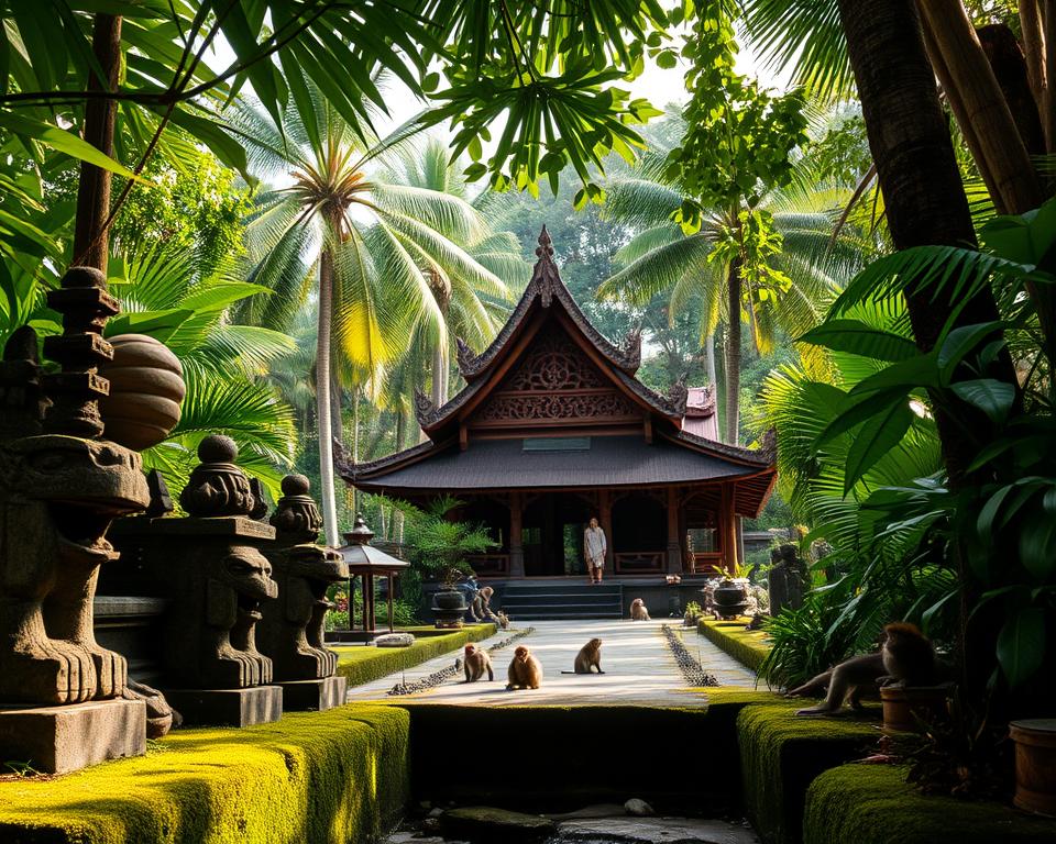 A tranquil scene capturing the "Tempel im Sangeh-Affenwald" nestled among lush tropical greenery. In the foreground, ancient stone carvings of mythical creatures stand guard, partially covered in vibrant green moss. The middle ground showcases a traditional Balinese temple structure, featuring intricate wooden architecture and a thatched roof, surrounded by playful monkeys interacting with nature. In the background, towering palm trees and dense jungle foliage create a sense of depth and mystery. The soft morning light filters through the leaves, casting dappled shadows on the temple pathway, enhancing the serene atmosphere. The image should evoke a feeling of peace and connection to nature, inviting viewers to explore this hidden gem in the heart of the Sangeh Monkey Forest.