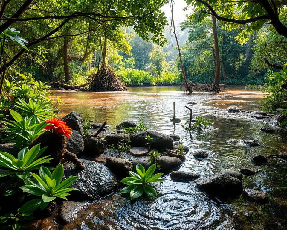 A tranquil scene depicting the diverse habitats of Bali, showcasing shimmering water bodies surrounded by lush green foliage. In the foreground, small rippling streams weave through vibrant tropical plants, with occasional glimpses of colorful flowers. In the middle ground, clusters of stones and fallen branches create natural shelters, hinting at potential snake hideouts. The background features a softly lit jungle, with dappled sunlight filtering through the canopy, enhancing the lush greenery. A gentle breeze stirs the water surface, reflecting the vibrant colors of the environment. The overall mood is peaceful and harmonious, evoking a sense of the rich biodiversity of Bali’s ecosystems. Use a wide-angle lens to capture the expansive scene, emphasizing the interplay of light and water.