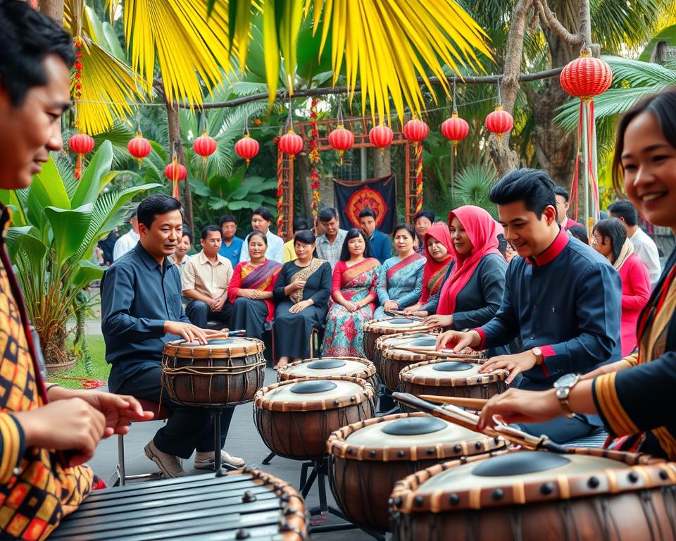 A vibrant Gamelan music scene set in a lush outdoor environment. In the foreground, skilled musicians are playing traditional instruments like the metalophone, drums, and gongs, showcasing intricate details and vivid colors of the instruments. The middle ground features a small audience, some participants dressed in professional attire while others wear traditional Indonesian garments, all captivated by the performance. In the background, tropical greenery and cultural decorations enhance the authentic atmosphere, with soft golden light filtering through the leaves, creating a warm, inviting glow. The angle captures the musicians' expressions of joy and concentration, immersing viewers in the enchanting world of Gamelan music, evoking a sense of celebration and cultural richness.