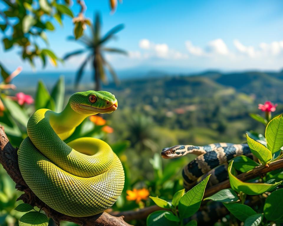 A vibrant and detailed depiction of various snake species found in Bali, showcasing both venomous and non-venomous varieties. In the foreground, feature a majestic green tree snake coiled around a branch, its scales glistening in the dappled sunlight. The middle ground includes a striking banded krait slithering through lush tropical foliage, with hints of colorful flowers adding vibrancy. In the background, a blurred view of the serene Balinese landscape under a clear blue sky, emphasizing the natural habitat. Use soft, natural lighting to create a warm and inviting atmosphere, with a focus on the textures and patterns of the snakes’ skins. Capture the scene from a slightly elevated angle, providing a panoramic view of this exotic ecosystem while ensuring no human figures are present.
