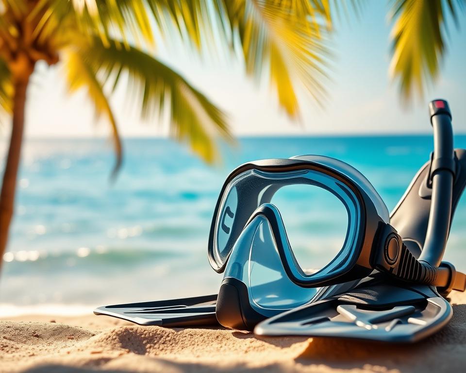 A vibrant and detailed snorkel gear set, showcasing a high-quality snorkel mask with an adjustable strap and breathing tube, alongside fins arranged neatly on a sandy beach. The foreground features the snorkel gear glistening in golden sunlight, capturing a serene atmosphere. In the middle, a calm, turquoise sea reflects the clear blue sky, with gentle waves lapping the shore. The background includes lush green palm trees swaying gently in the breeze, hinting at the tropical paradise of Bali. The lighting is bright and warm, evoking a sense of adventure and relaxation. The angle is a slightly elevated view, allowing for a comprehensive portrayal of the gear against the stunning natural backdrop, enhancing the theme of ocean exploration and preparation for snorkeling.