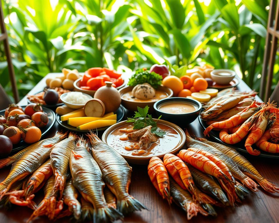 A vibrant and enticing spread of traditional Malukan cuisine, featuring a large wooden table adorned with colorful dishes. In the foreground, fresh seafood, including grilled fish and shrimp, showcases their glistening skin, surrounded by tropical fruits like mangosteen and rambutan. In the middle ground, a beautifully arranged plate of Soto Ayam, a traditional Indonesian soup, with aromatic herbs garnished on top. The background features lush green foliage typical of the Molukken Islands, hinting at the rich biodiversity of the region. Soft, warm natural lighting highlights the textures and colors of the food, creating an inviting atmosphere. The perspective is slightly elevated, offering a comprehensive view of the culinary delights without any human presence, capturing the essence of culinary exploration in the Molukken Islands.